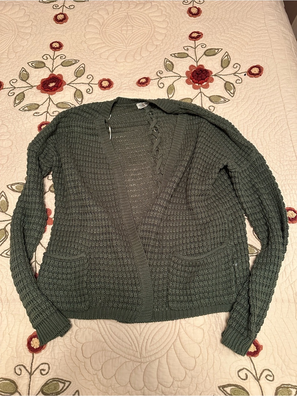 Waffle Knit Open-Front Women’s Cardigan Sweater in Olive Green